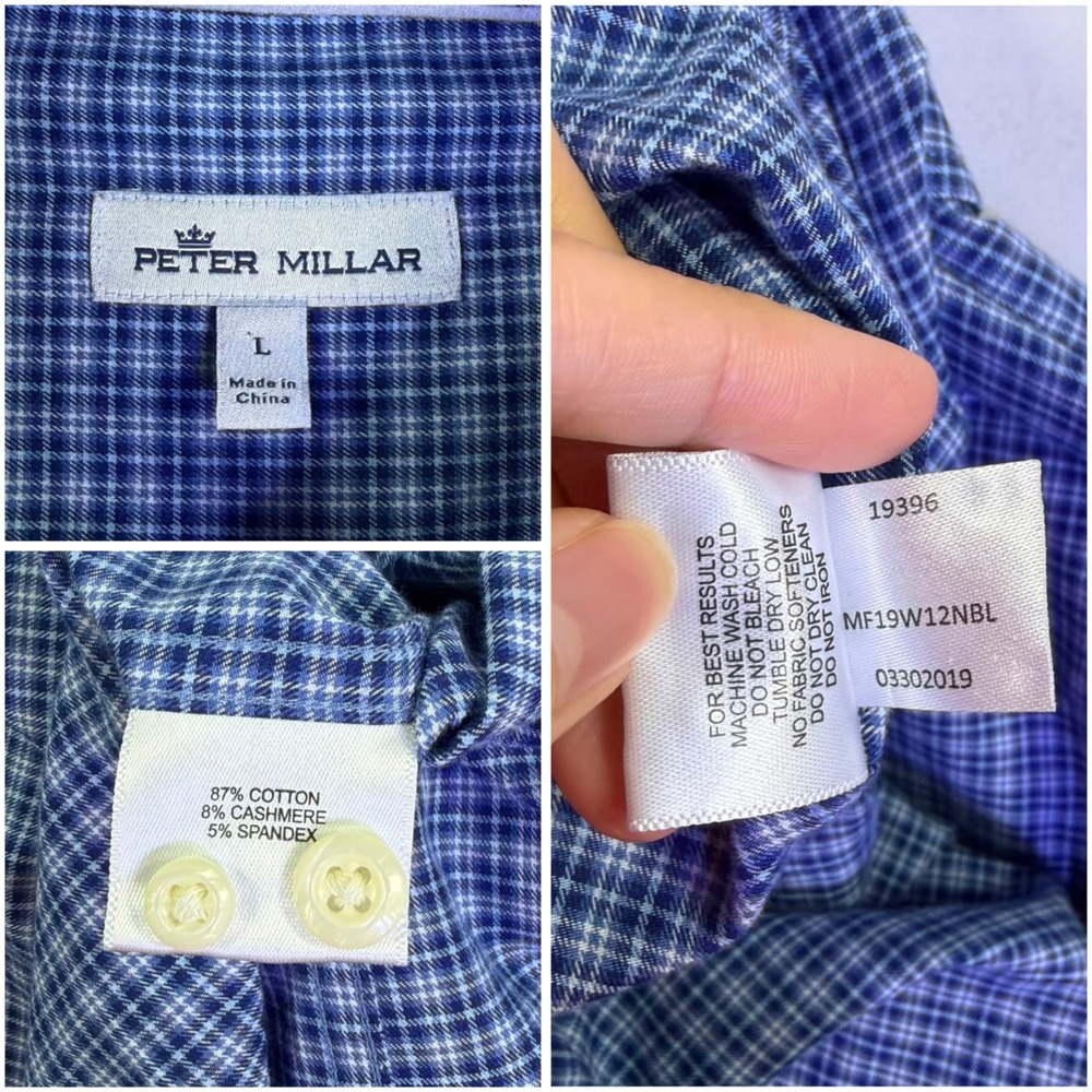 Peter Millar Mens Blue Micro Check Cashmere Blend Button Down Shirt Large - Picture 10 of 13